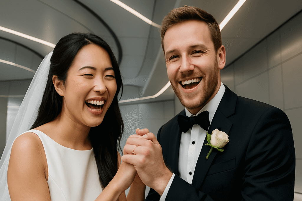 Jeune couple marié souriant